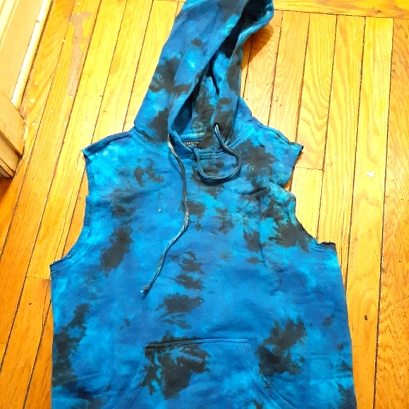 Tye Dye blue Sleeveless distressed oversize hoodie - Picture 1 of 4